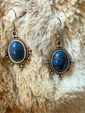 Blue Stone Oval Drop Earrings - Silver Tone